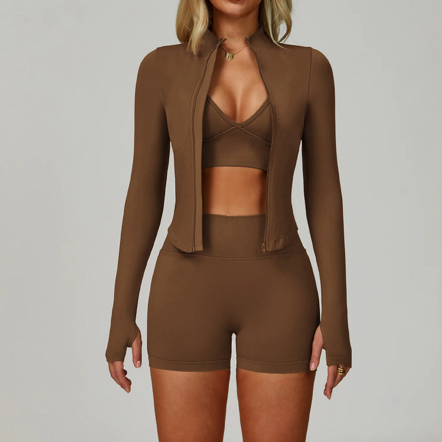 Women's 3-Piece Seamless Solid Set Short-Sleeve Stand-Up Collar Top Four-Way Stretch Quick-Dry