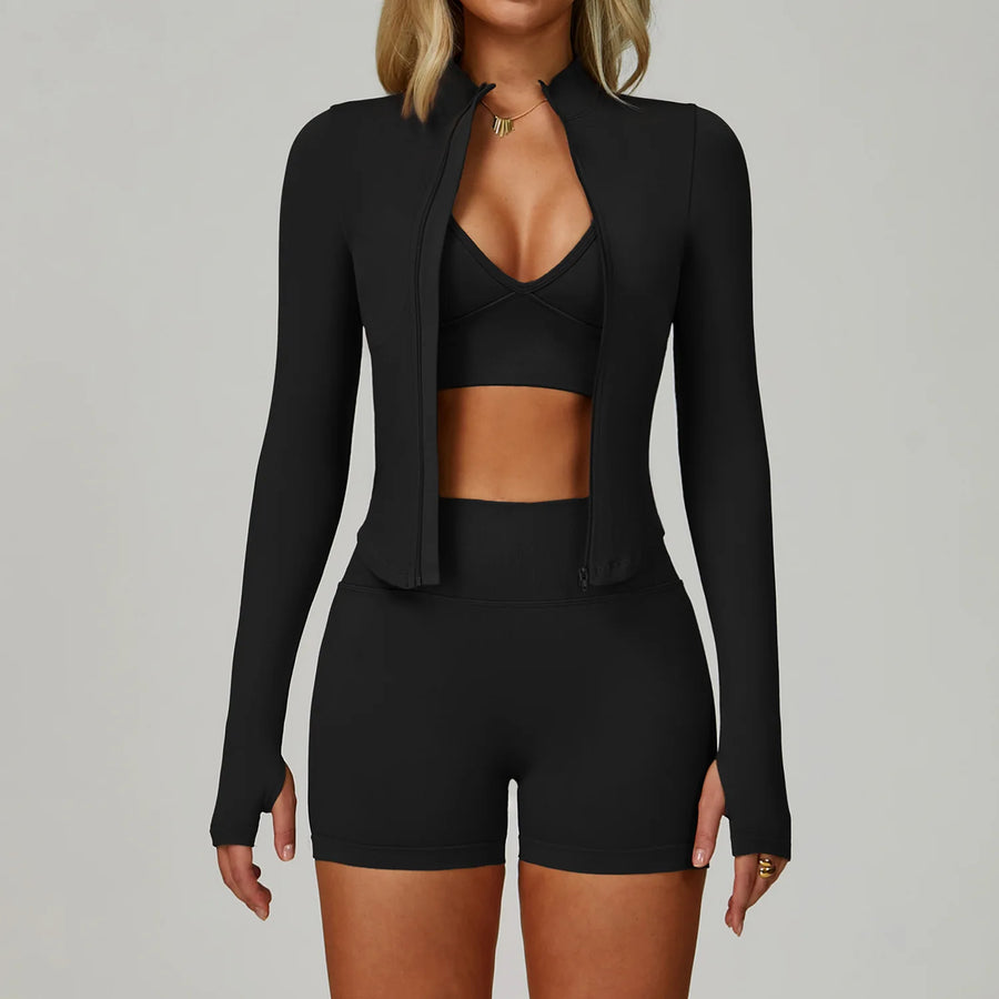 Women's 3-Piece Seamless Solid Set Short-Sleeve Stand-Up Collar Top Four-Way Stretch Quick-Dry