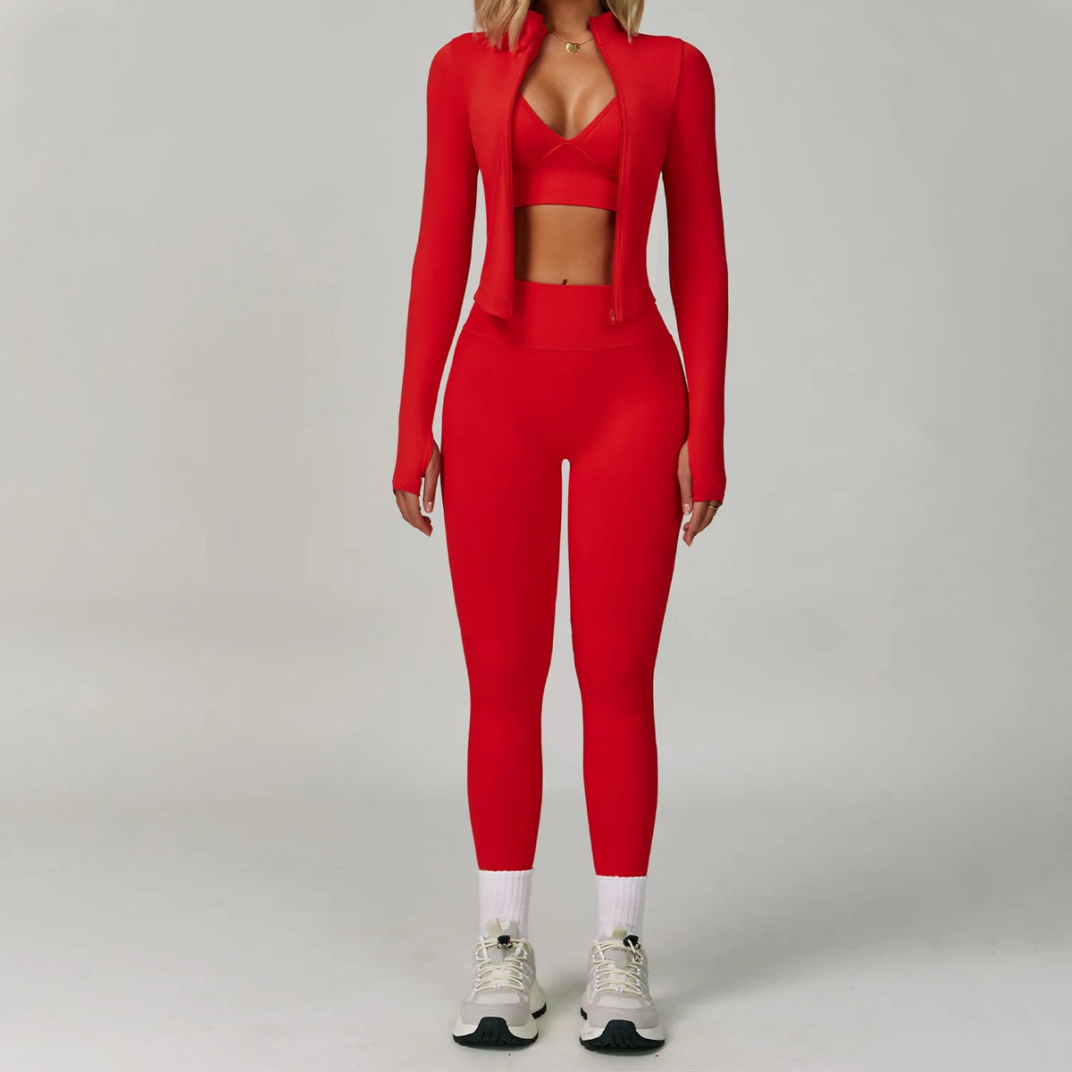 Women's 3-Piece Seamless Solid Set Long-Sleeve Stand-Up Collar Top Four-Way Stretch Quick-Dry