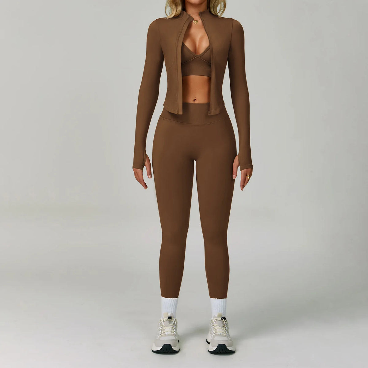Women's 3-Piece Seamless Solid Set Long-Sleeve Stand-Up Collar Top Four-Way Stretch Quick-Dry