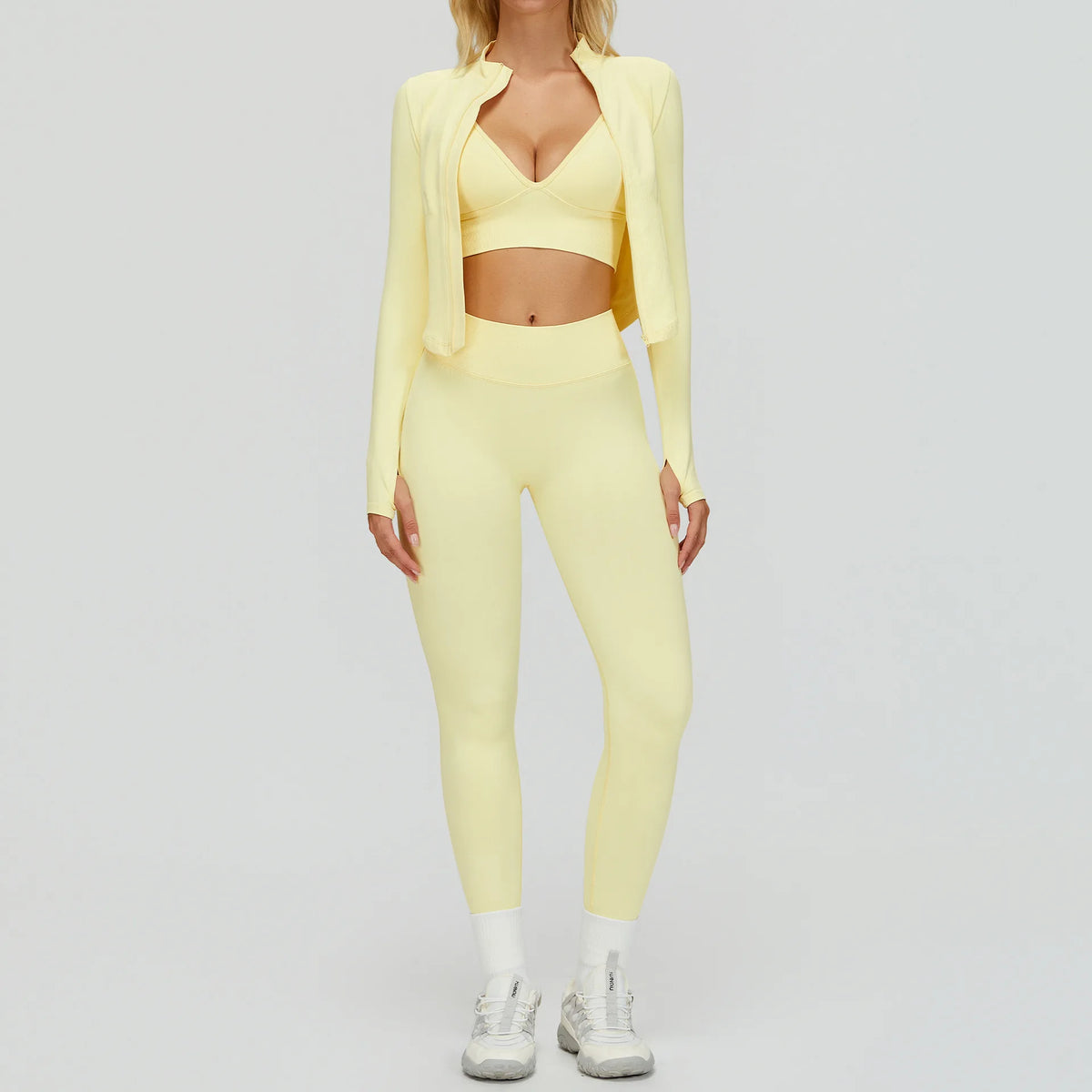 Women's 3-Piece Seamless Solid Set Long-Sleeve Stand-Up Collar Top Four-Way Stretch Quick-Dry